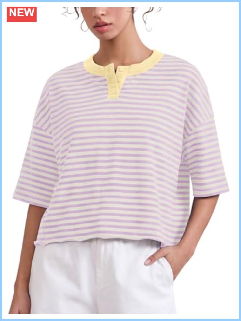 Women's Striped Cropped Boxy Tee Henley T-Shirt